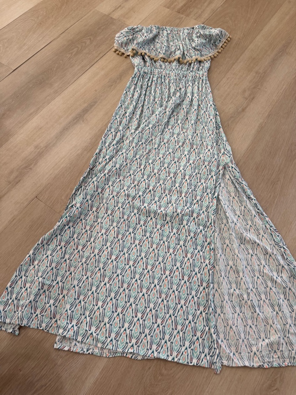 Skemo Blue and White Patterned Maxi Dress with Tassel Trim